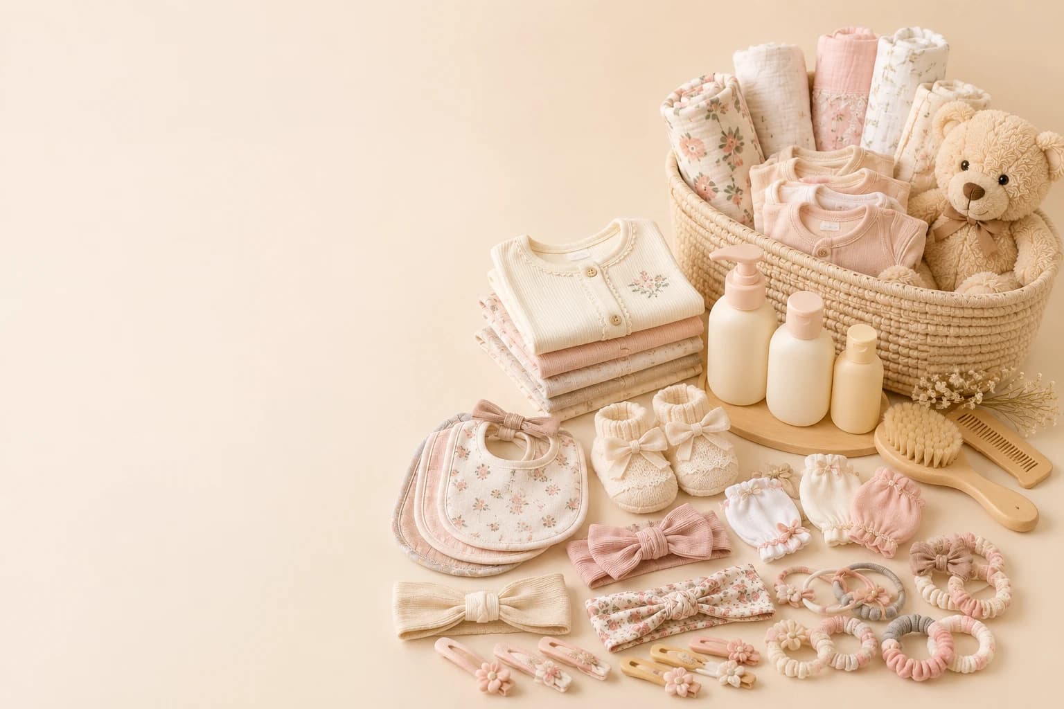 Basket of baby essentials in cream and blush