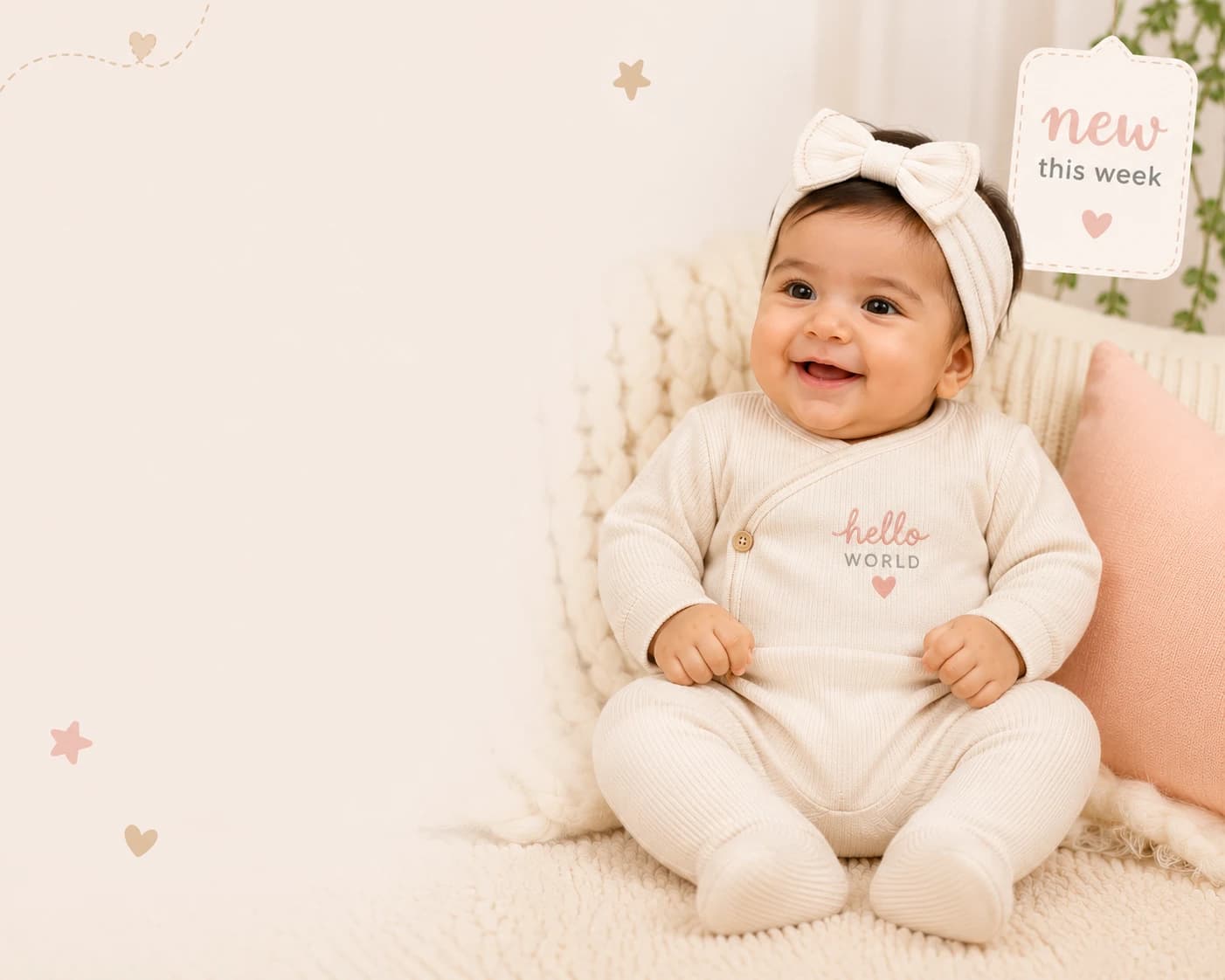 Baby in a hello-world sleepsuit with a new-this-week tag