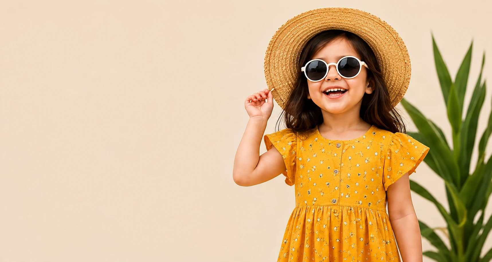 Girl in a yellow summer dress with straw hat