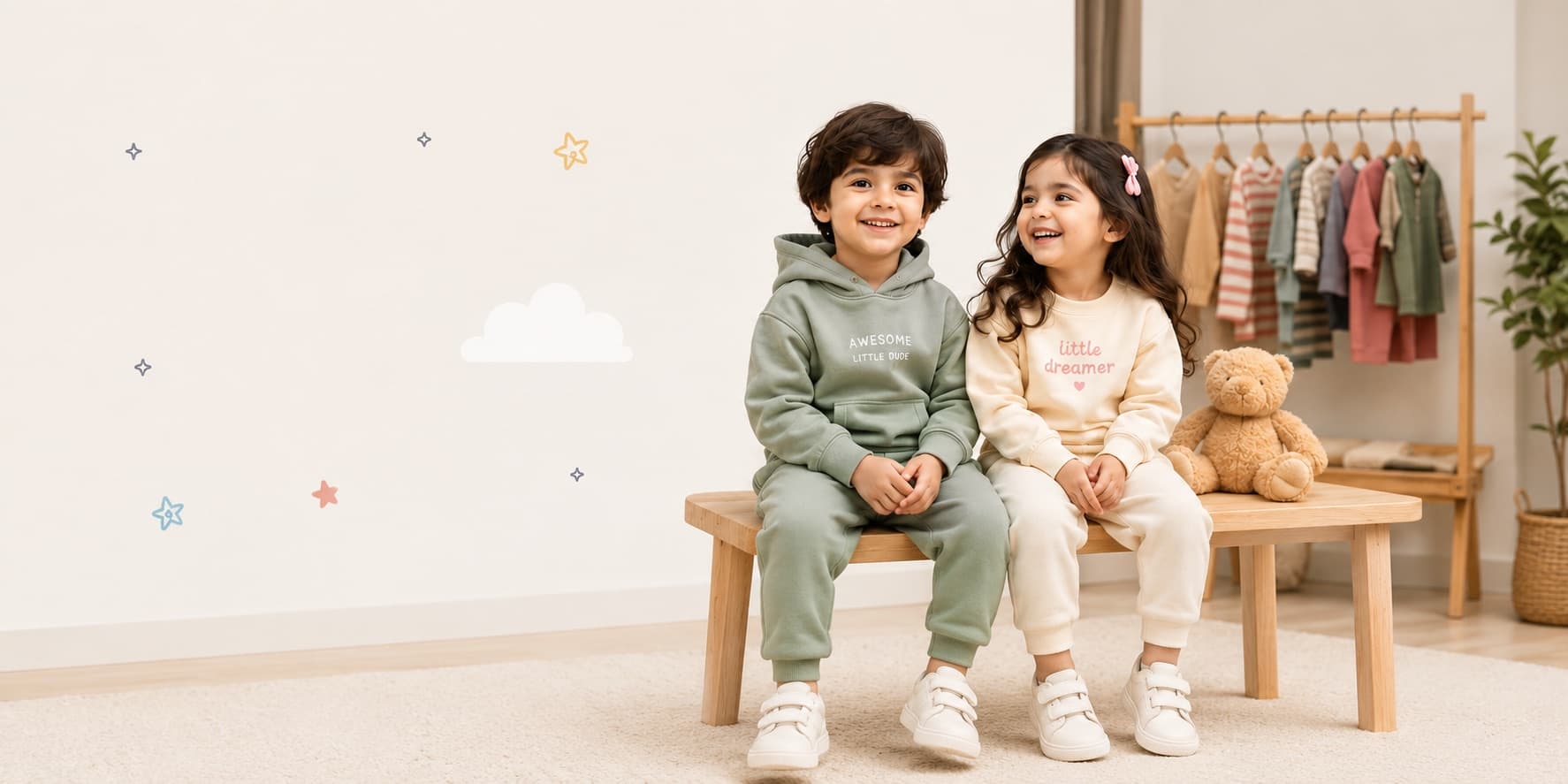 Two children in Bin Tahir sweat sets sitting on a wooden bench