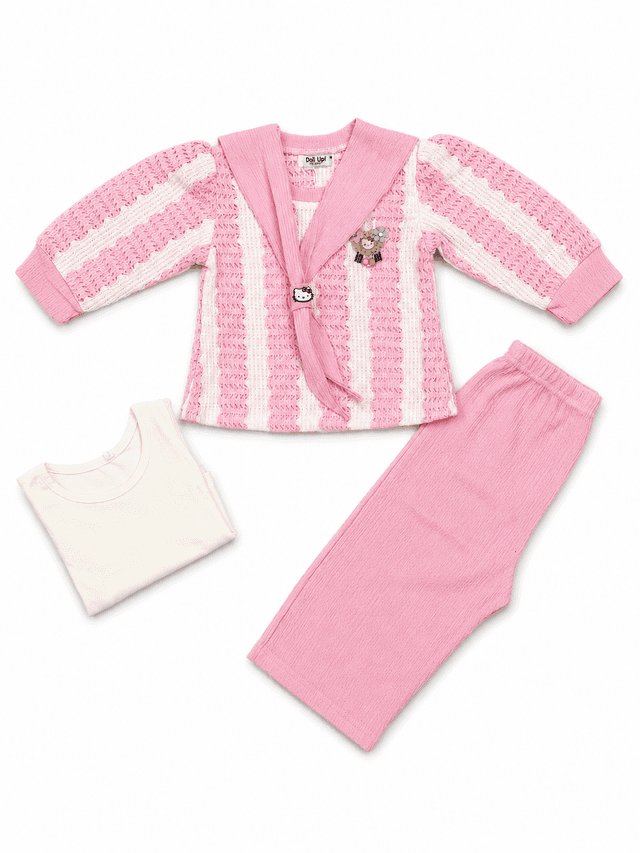Girls Sailor-Collar Textured Knit 3-Piece Co-ord Set photo 1