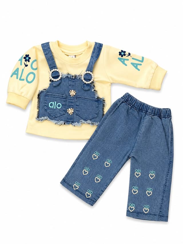 Baby Girls Denim Look 2-Piece Clothing Set – Pearl Pocket Sweatshirt & Embroidered Wide Leg Pants photo 1