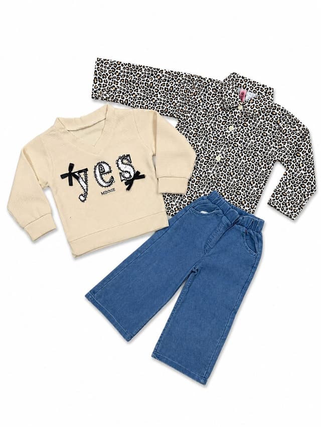 Girls 3 Piece Winter Outfit Set – Waffle Sweatshirt, Leopard Print Shirt & Wide Leg Denim Pants photo 1