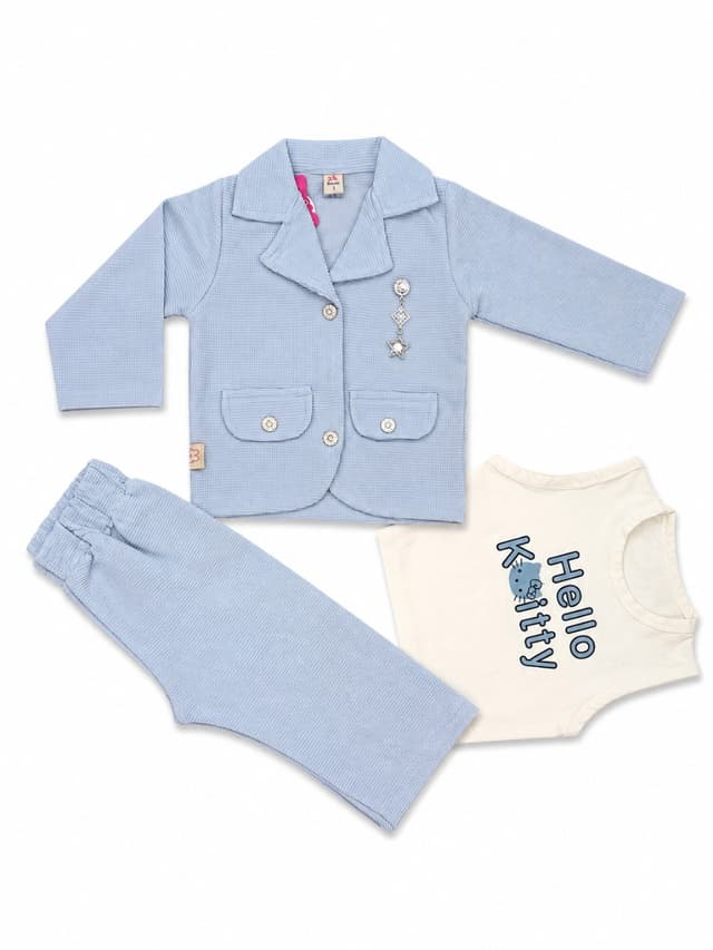 Girls 3-Piece Waffle Knit Blazer Suit Set with Hello Kitty Inner Shirt & Trousers photo 1