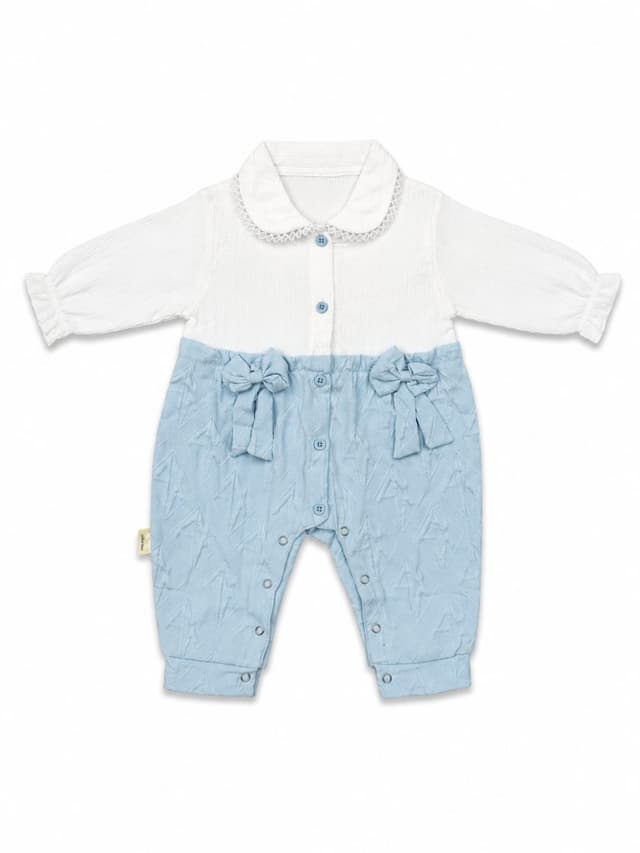 Baby Girls Color Block Bow Detail Long Sleeve Romper Jumpsuit with Peter Pan Collar photo 1