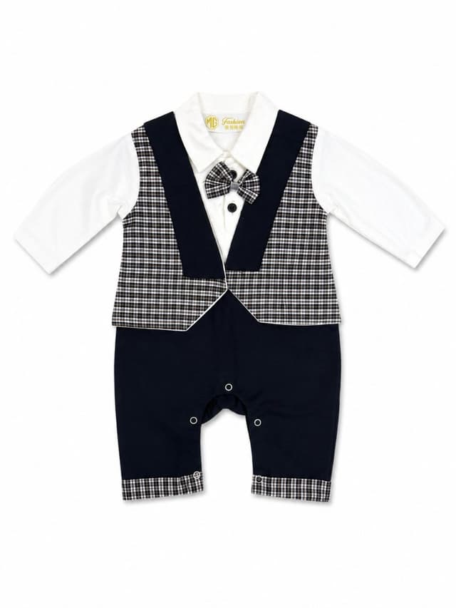 Baby Boys Formal Tuxedo Romper with Plaid Vest & Bow Tie – Long Sleeve One Piece Outfit photo 1