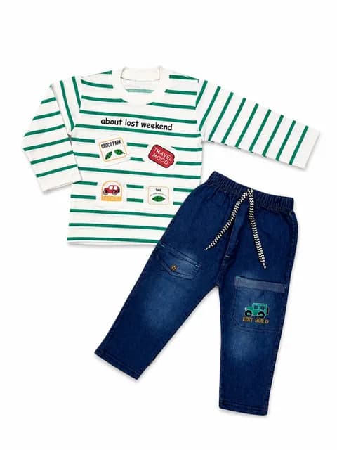 Boys Premium Striped Full Sleeve T-Shirt & Denim Style Cargo Trouser Set