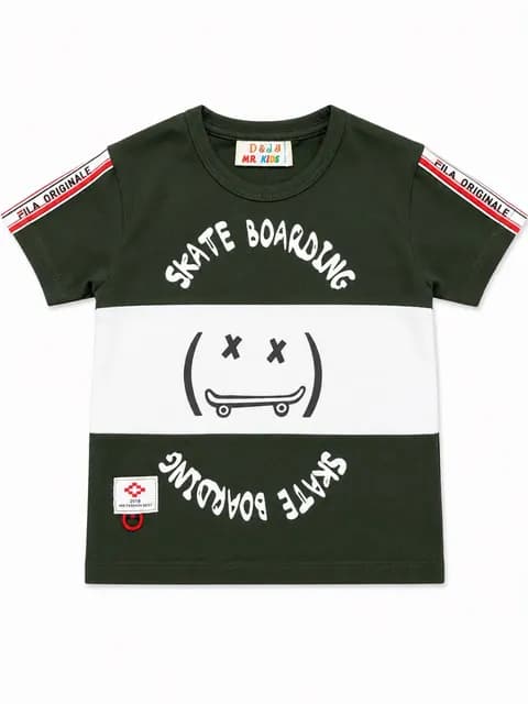 Boys Skateboarding Printed T-Shirt – Stylish Color Block Graphic Casual Half Sleeve Tee