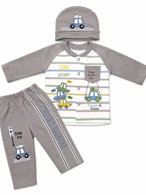 Newborn Car Print 3 Piece Baby Clothing Set with Cap