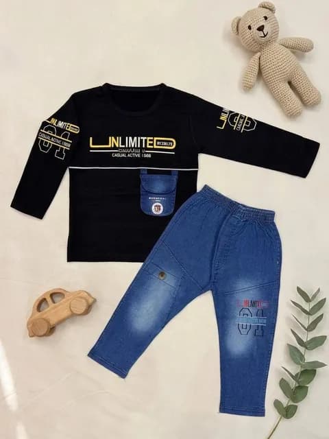 Boys Premium Graphic Full Sleeve T-Shirt & Denim Style Trouser Set