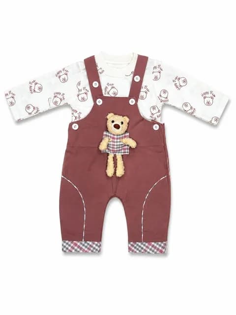 Baby Bear Print Dungaree Romper Set with Plush Teddy & Long Sleeve T-Shirt