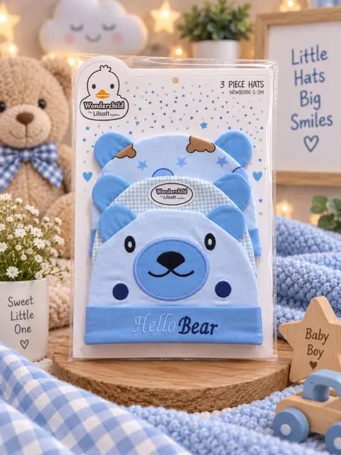 Wonderchild Newborn Hello Bear 3-Piece Hat Set