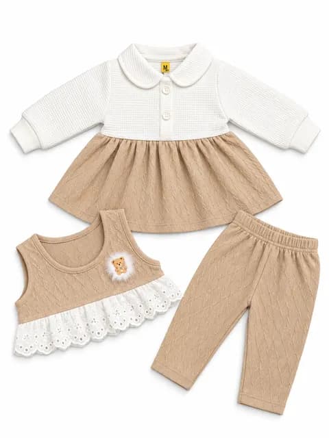 Baby Girls 3-Piece Textured Dress, Lace Top & Trouser Set