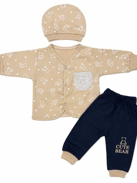 Newborn Cute Bear Printed 3 Piece Baby Clothing Set with Cap