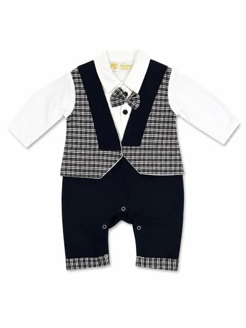 Baby Boys Formal Tuxedo Romper with Plaid Vest & Bow Tie – Long Sleeve One Piece Outfit