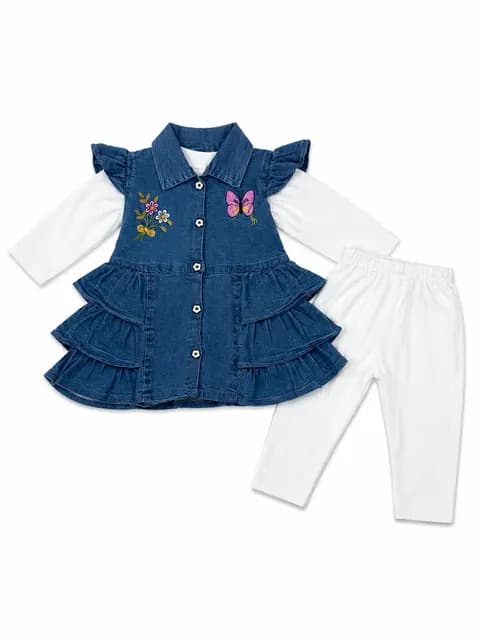 Girls Embroidered Denim Layered Dress with Full Sleeve Top & Leggings 3-Piece Set