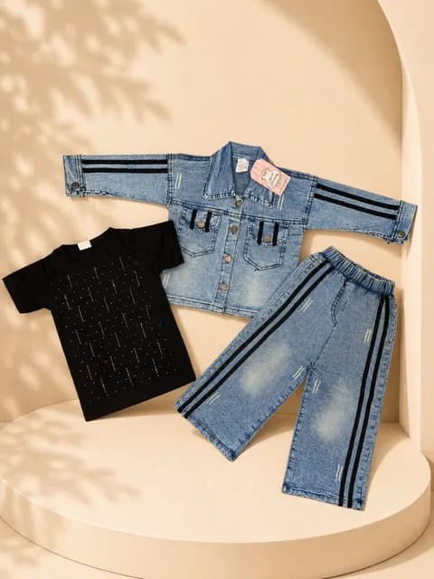 Girls Premium 3-Piece Denim Jacket, T-Shirt & Trouser Set