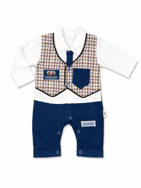 Baby Boys Gentleman Style Checked Vest Romper with Tie & Pocket – Long Sleeve One Piece Outfit