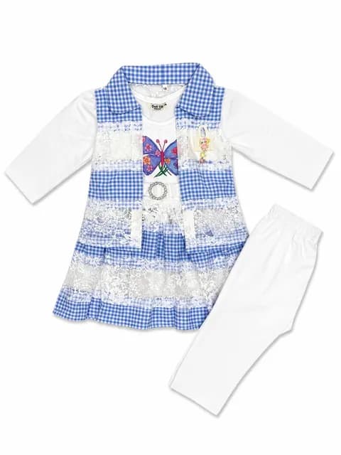 Girls 3-Piece Butterfly Print Top, Lace Checkered Sleeveless Dress & Leggings Set