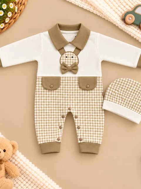 Newborn Gingham Bow-Tie Romper with Cap – 2 Piece Set