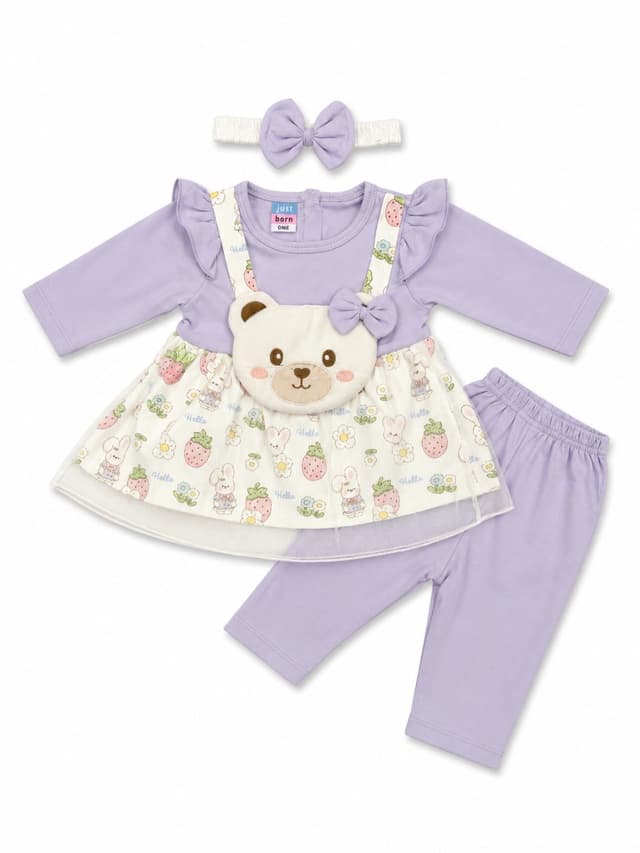 Baby Girls 3-Piece Bear Appliqué Dress Set with Leggings & Bow Headband photo 1