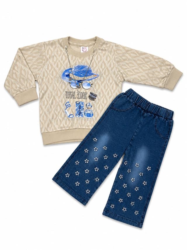 Girls 2-Piece Printed Sweatshirt & Floral Wide Leg Denim Pants Winter Outfit Set photo 1